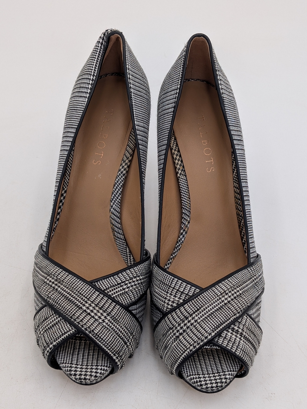 Talbots Sz 9.5M Plaid Black & White Textile Uppers Peep-Toe Crisscross Stiletto - Picture 13 of 17